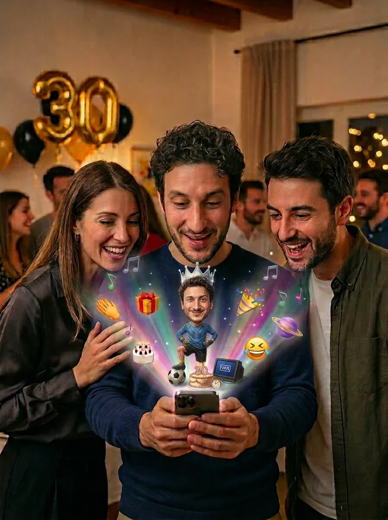 Il festeggiato, alla festa dei suoi trent'anni, apre il regalo sul telefono insieme agli amici