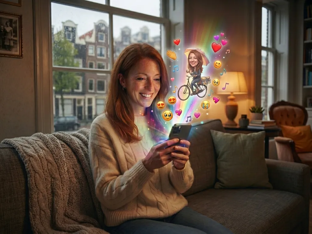 La festeggiata, sul divano di casa ad Amsterdam, apre il regalo sul telefono