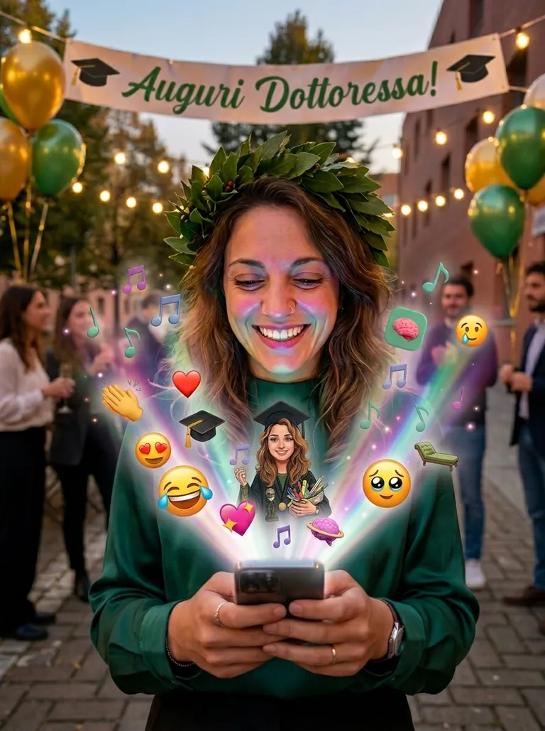 La neolaureata, con la corona d'alloro, apre il regalo sul telefono