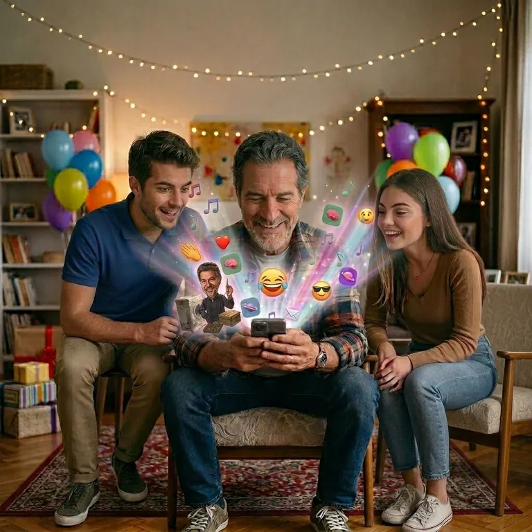 Il papà apre il regalo sul telefono, coi figli accanto