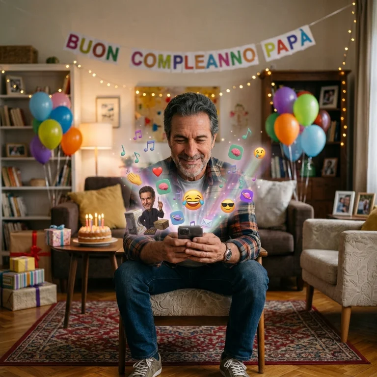 Il festeggiato col telefono in mano, alla festa